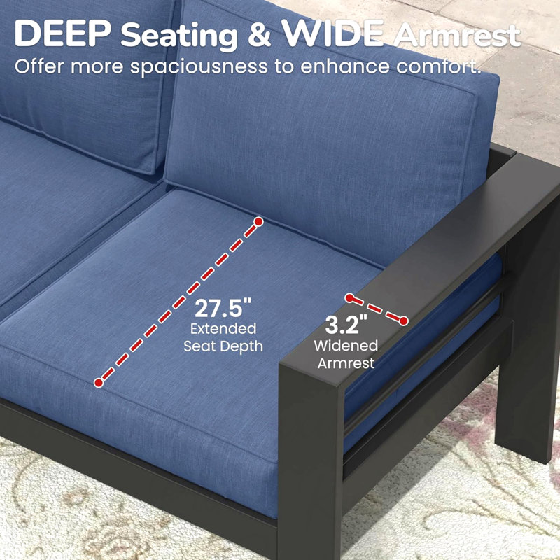50" All-Weather Aluminum Patio Loveseat With Thick Blue Cushions & Black Frame, Blue, Black