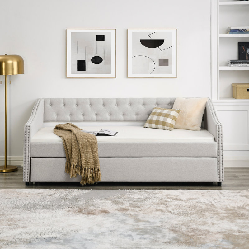 Twin Size Daybed with Twin Size Trundle Upholstered Tufted Sofa Bed, with Button on Back and Copper Nail on Waved Shape Arms