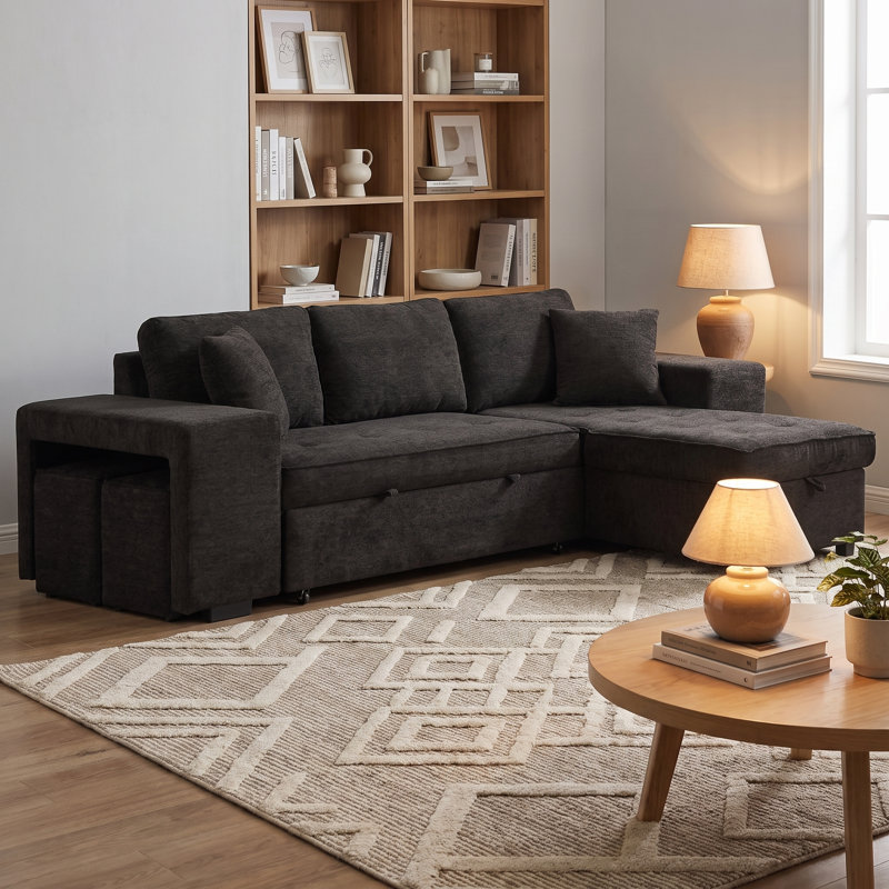 Canapé-lit modulaire en L 104,5 po avec méridienne coulissante avec rangement, 2 tabourets et design réversible pour le salon