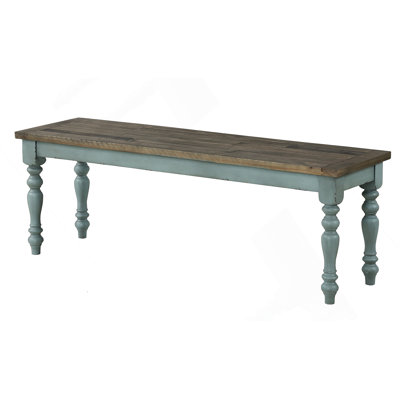 Two-Tone Wood Upholstered Dining Bench, Antique White And Distressed Blue