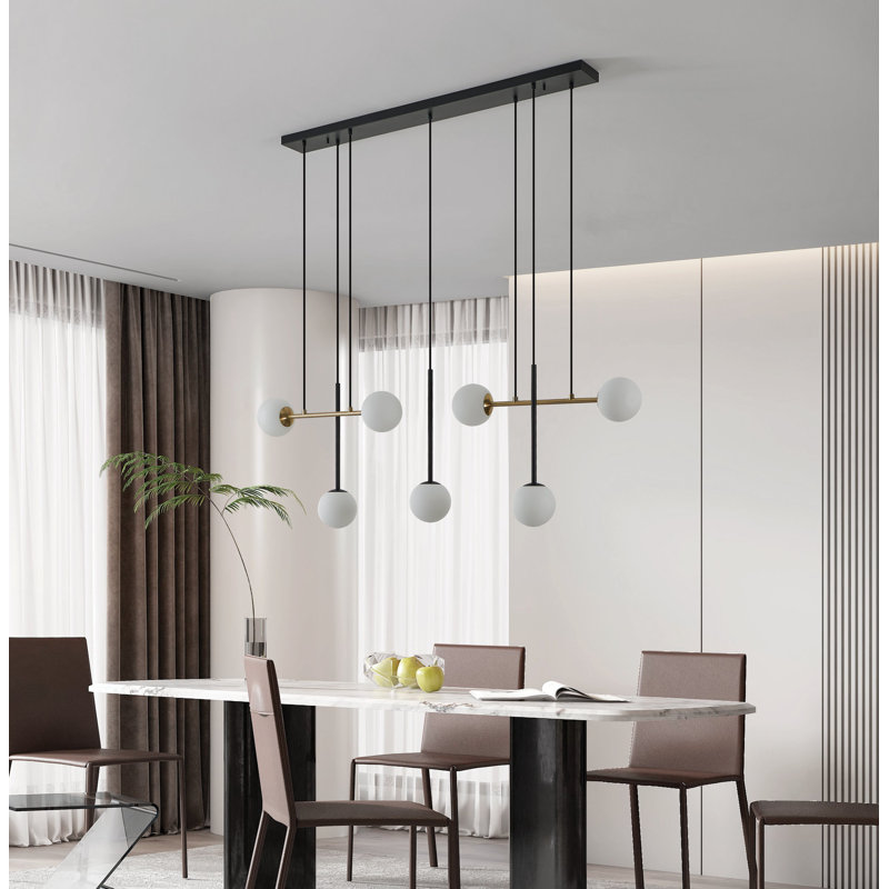 Luminaire suspendu 7 lumières Ved noir et or brossé avec abat-jour en verre blanc Ved
