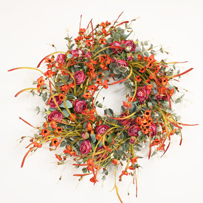 Couronne de fleurs artificielle 26 po avec fleurs de rose et eucalyptus