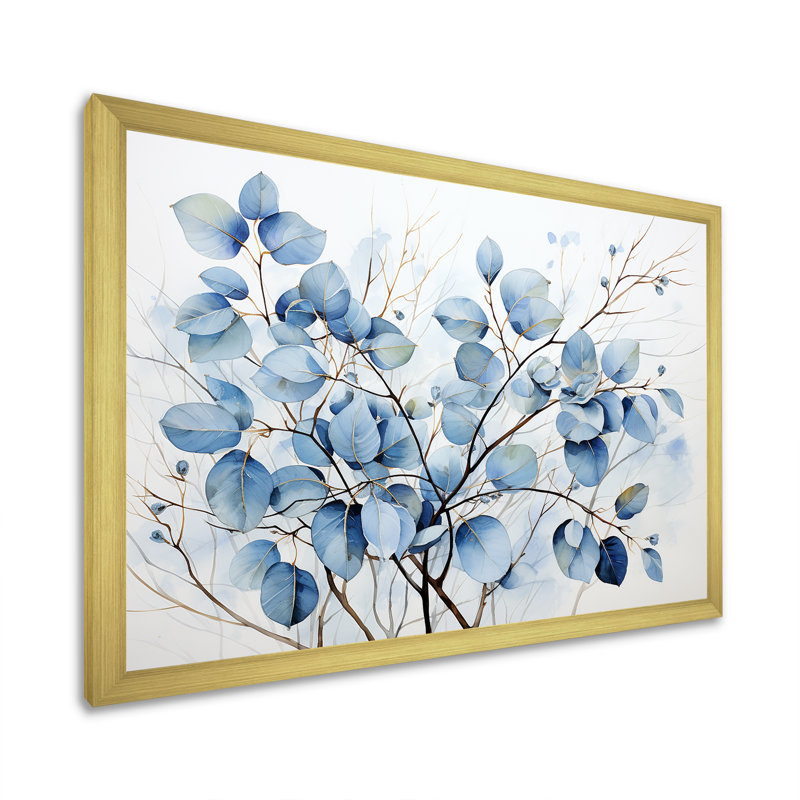 Art mural bleu et gris avec feuilles sur une branche III - feuilles, Cadre doré simple, H 16 po x l 32 po x P 1 po