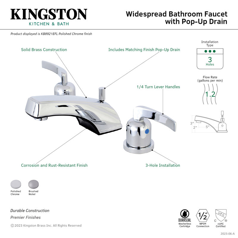 Kingston Brass Centurion Two-Handle 3-Hole Deck Mount Widespread Bathroom Faucet with Retail Pop-Up Drain, Brushed Nickel