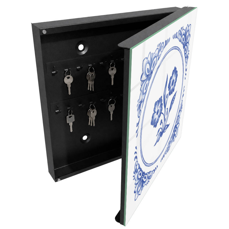 Key cabinet, Opens to the right, 30x30x5, Black, Floral pattern in shades of blue, 