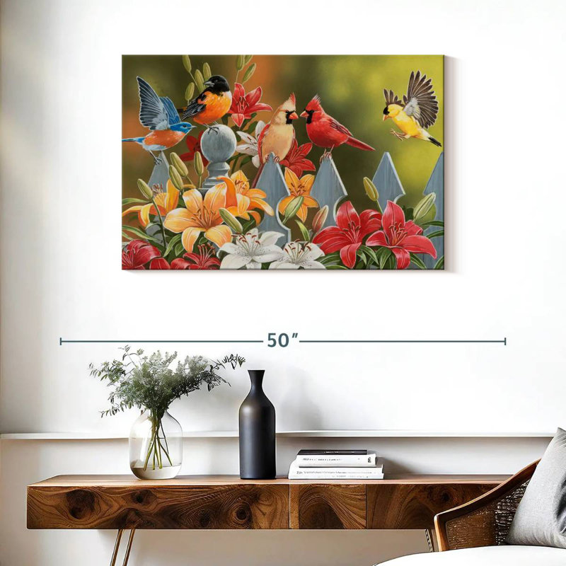 Brampt Backyard Birds With Daylilies, 24" H x 36" W