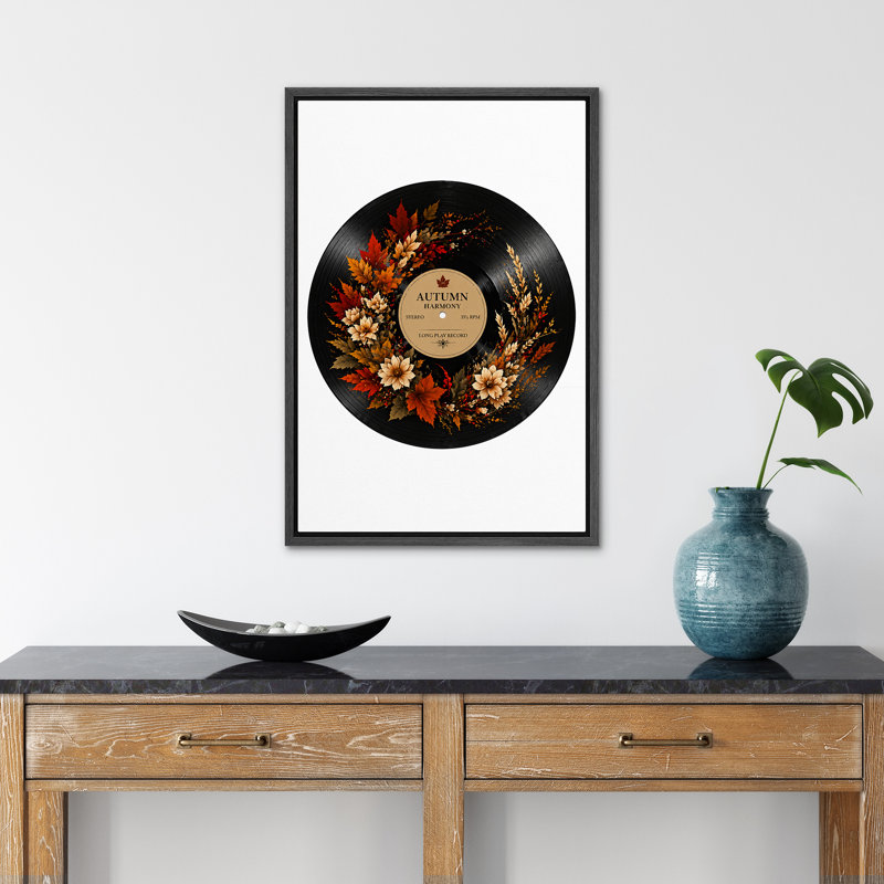 Autumn Harmony, disque vinyle avec décoration florale, impression sur toile, Black, 24" H x 16" W