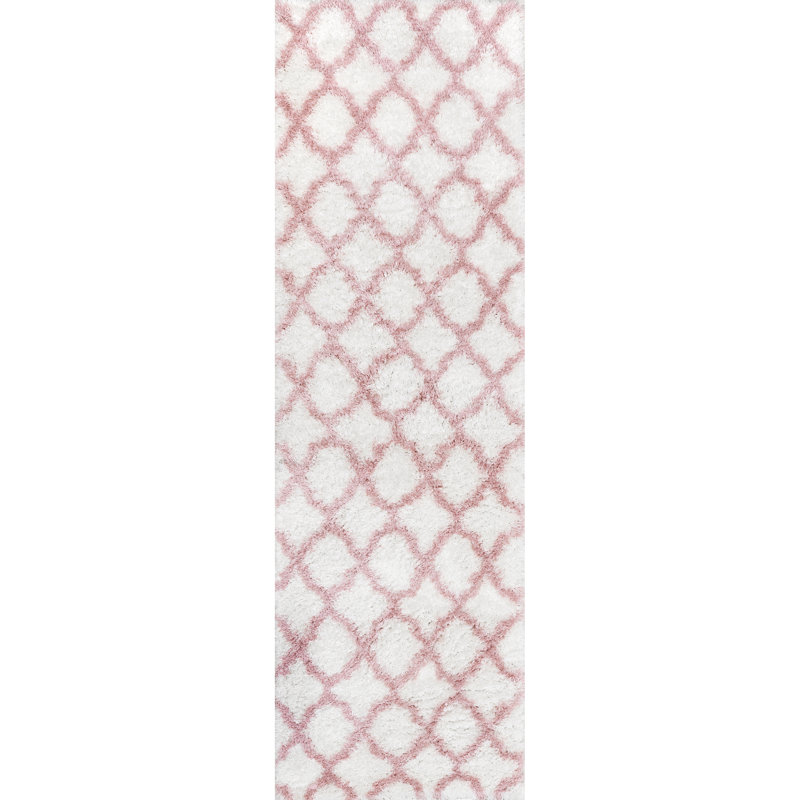 Cuanaic Trellis Shag Performance White/Pink Rug, Runner 2'8" x 8'