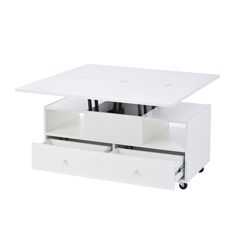 Lift Top Coffee Table with Wheels, Height-Adj Coffee Table with 4 Drawers 2 Lifting Platforms, Mobile Centre Table for Living Room