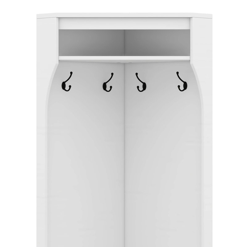 Corner Hall Tree With Shoe Bench, Versatile Coat Rack With 4 Hooks, Corner Cabinet With Adjustable Shelf, White