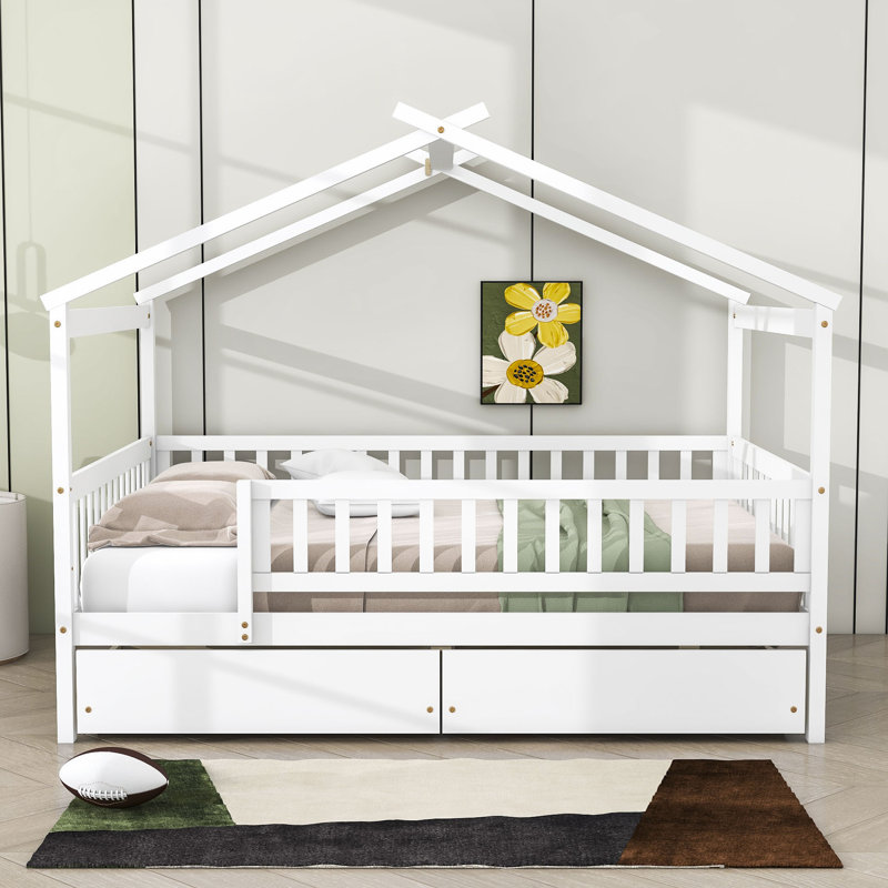 Heulwen Two Drawers Wooden House Bed, Full, White