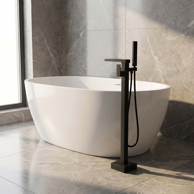 Waterfall Single-Handle Freestanding Tub Faucet Floor Mount Filler With Square Hand Held Shower , Matte Black