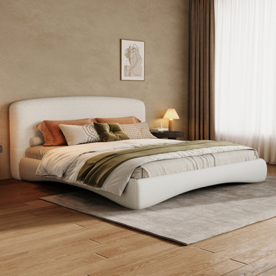 Curved Upholstered Bed with Smart Ambient Lighting,Cream,Queen