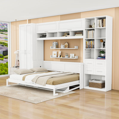 Lit escamotable 2 tiroirs en bois avec tablettes et garde-robe intégré
