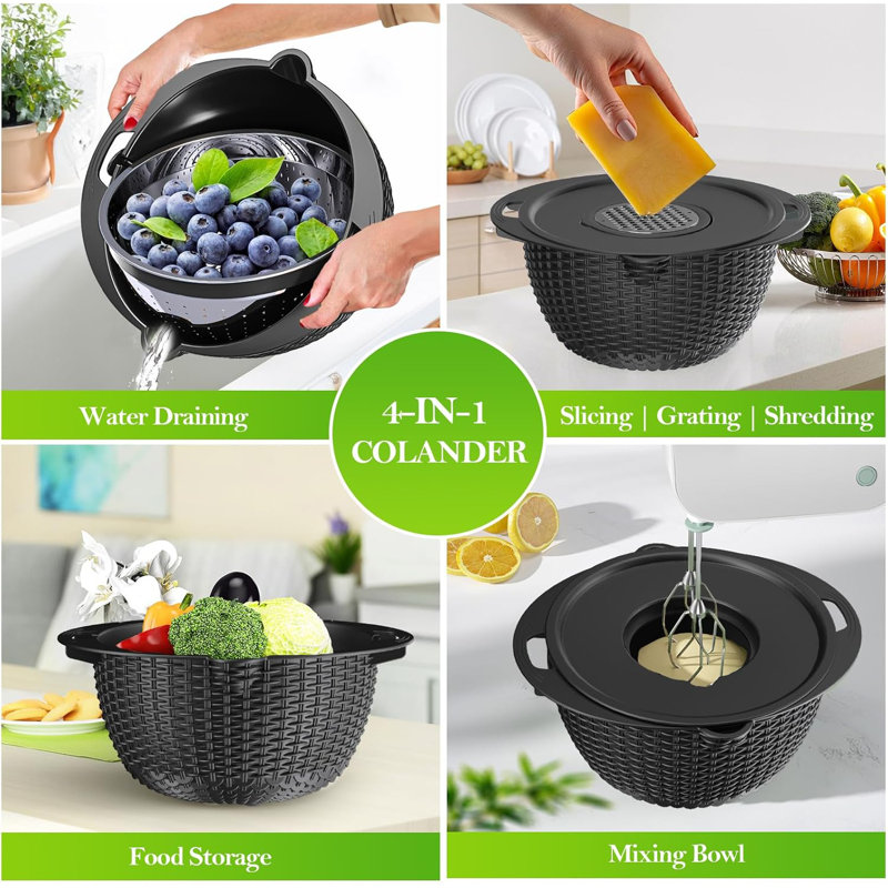4-in-1 Rotatable Colander Bowl Set Black