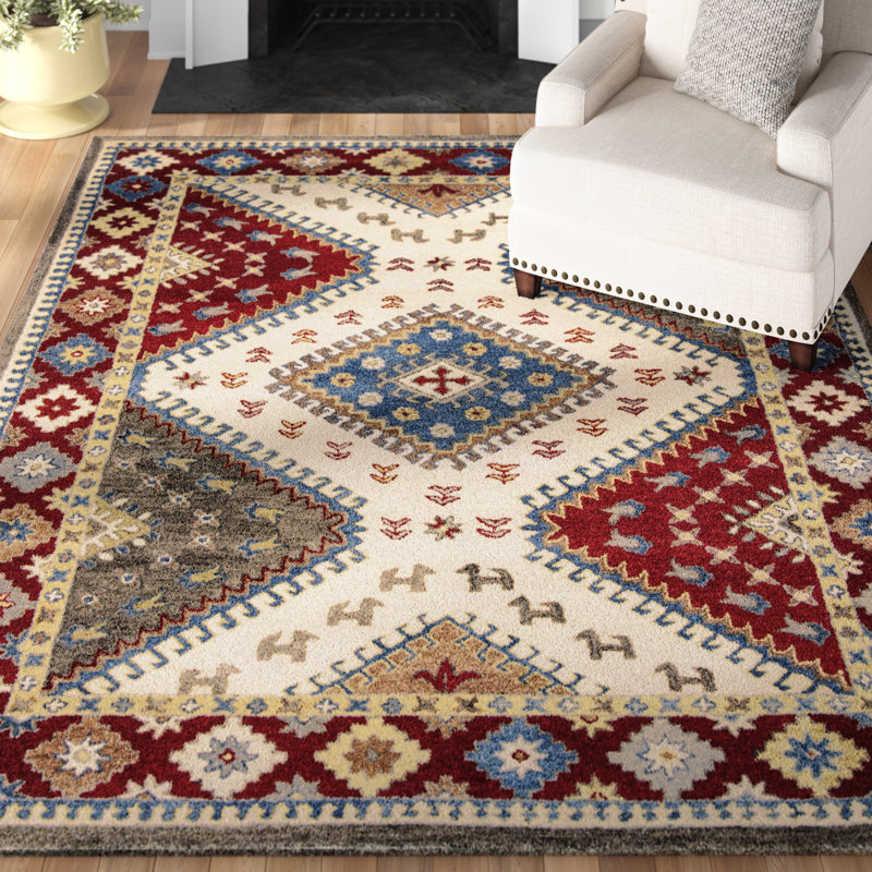 Armintha Southwestern Hand-Tufted Wool/Cotton Red/Ivory/Blue Area Rug, Rectangle 6' x 9'
