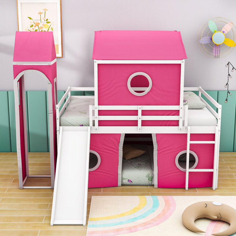 Loft Bed With Slide, Tent And Tower, Castle Inspired Design, Full, Pink