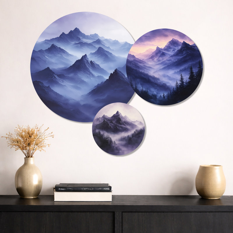 Misty Peaks In The Twilight III - Gray Landscape, art mural en métal 3 pièces