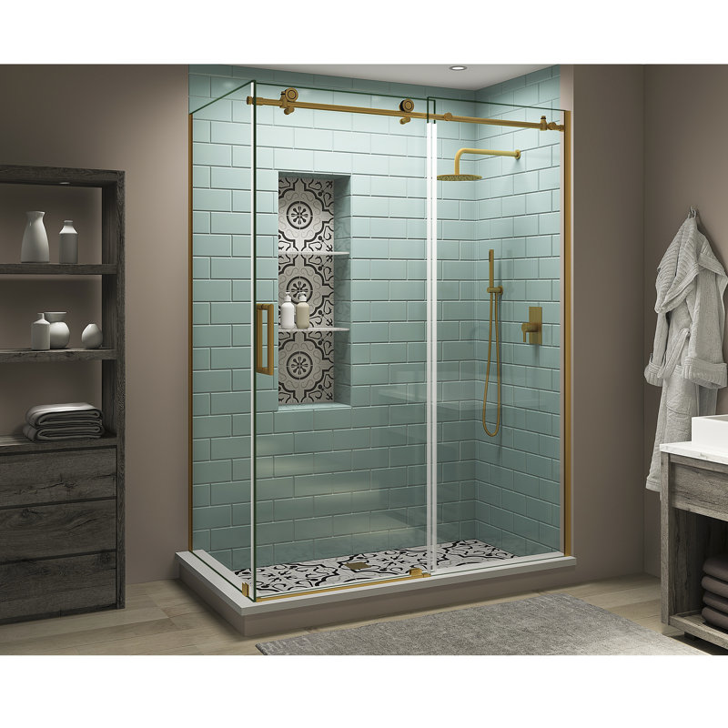 Coraline XL 60" - 64" W x 34" D x 80" H Frameless Rectangle Sliding Shower Enclosure, Left, Brushed Gold