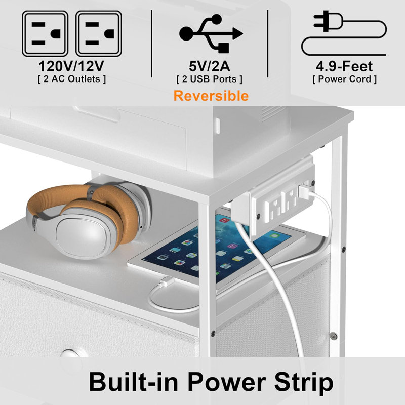 3-Tier Printer Stand With Charging Station, USB Port, Adjustable Open Shelves, And Fabric Drawers For Home Office Organization
