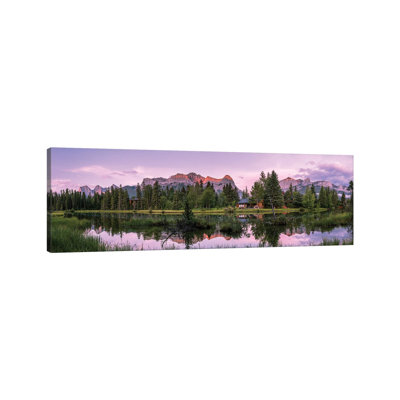 View Of Lake And Mountains, Spring Creek Pond, Alberta, Canada - Wrapped Canvas Panoramic Print