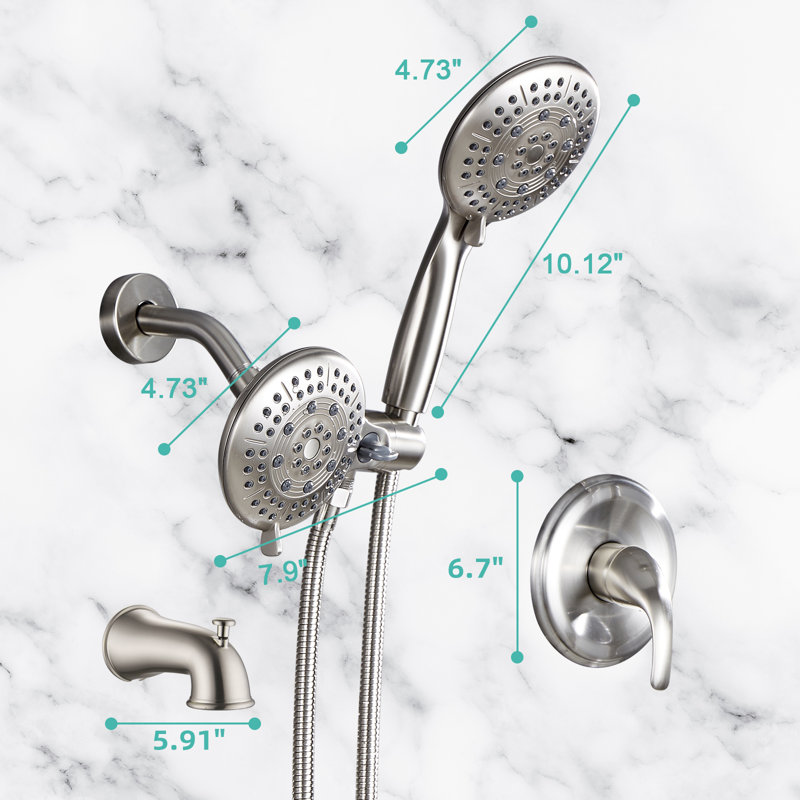 Pomme de douche double 2-en-5 à 5 fonctions avec robinet de douche et robinet de baignoire, Nickel brossé