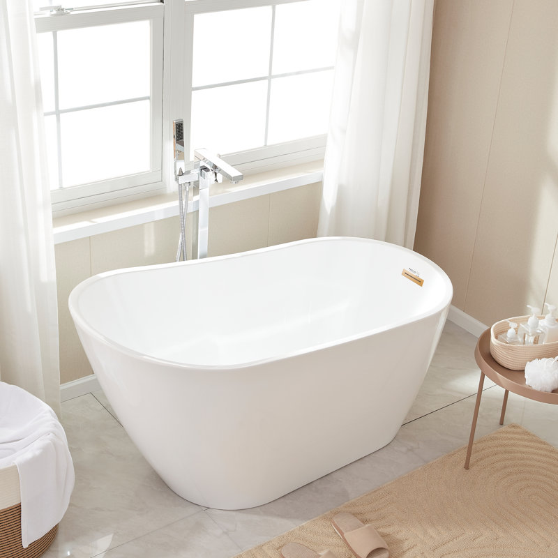 55.3" X 28.3" Freestanding Soaking Bathtub, White/Titanium Gold