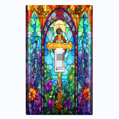 Metal Light Switch Plate Outlet Cover (Religious Cross Colorful Glass Tile Print - Single Toggle)
