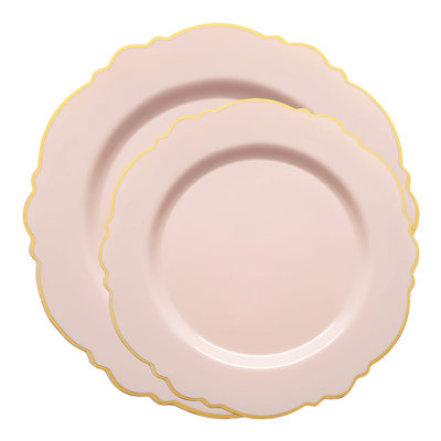 Pink with Gold Rim Round Blossom Disposable Plastic Dinnerware Value Set - 120 Sets