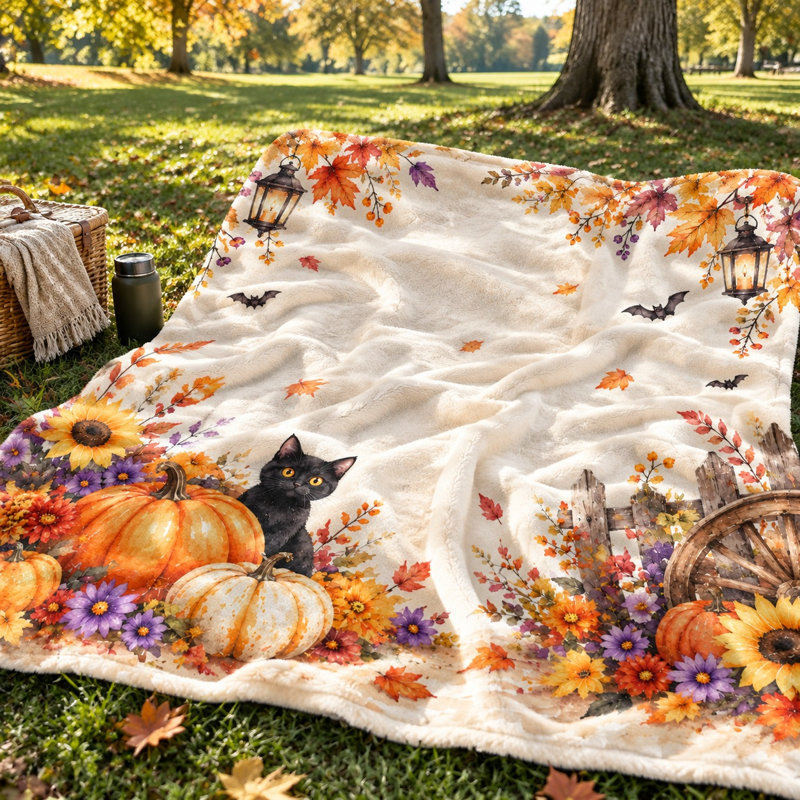 Joli lit citrouille d'Halloween, citrouille et tournesol, jeté d'automne sur le thème du canapé, canapé, chambre à coucher, salon, décoration de la maison