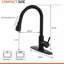 Robinet de cuisine noir mat avec douchette amovible tactile avec bouton pause, robinet d'évier monocommande à bec haut avec plaque de montage ronde de 25 cm