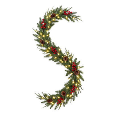 71 Inch Pre-Lit Artificial Christmas Garland, S-Shaped Christmas Swag with Holly Leaves, Red Berries and Pinecones, Winter Holiday Front Door Wall Mantel Decor