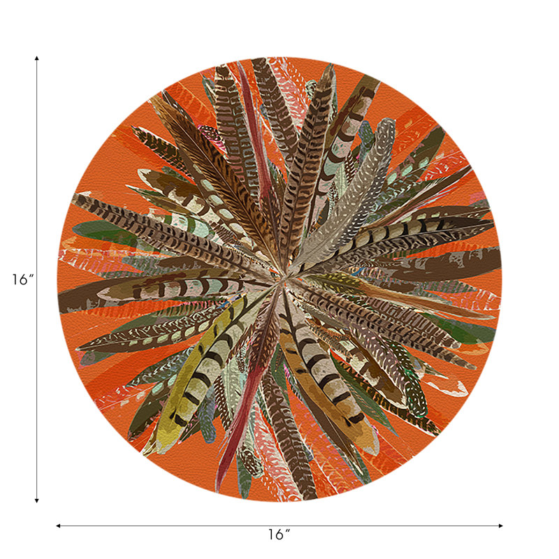 Pheasant Feathers Vegan Leather Round Pebble Placemat, Orange