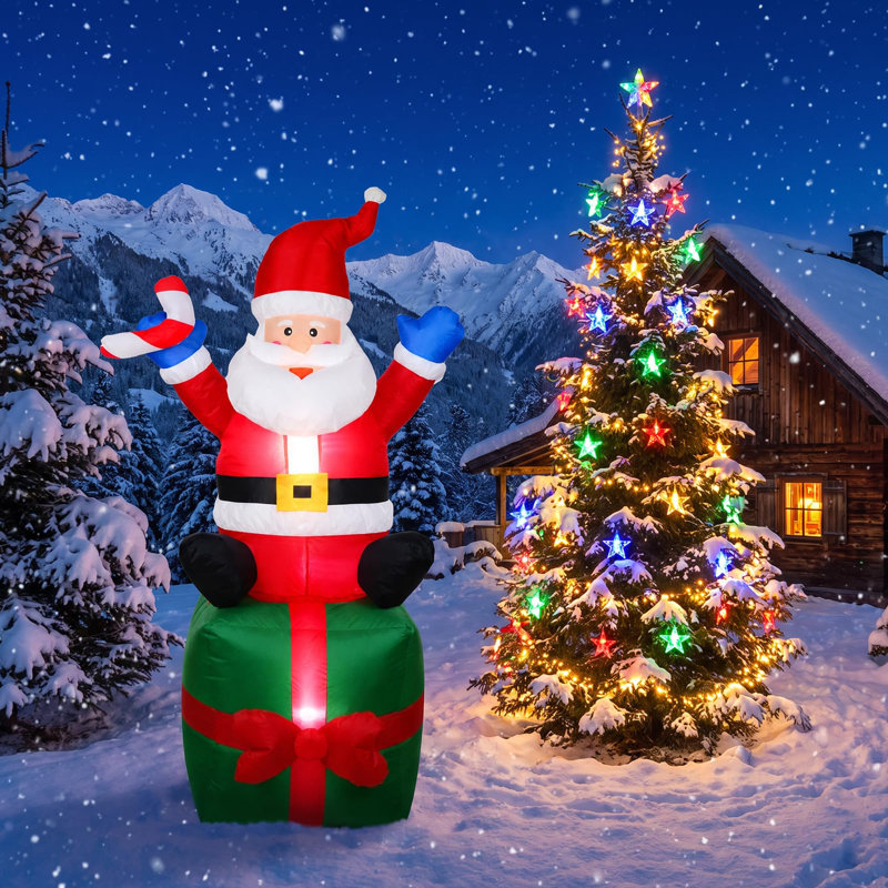 6ft Inflatable Santa Claus on Gift Box – Outdoor Christmas Yard Decoration for Lawn & Garden, Height 180cm