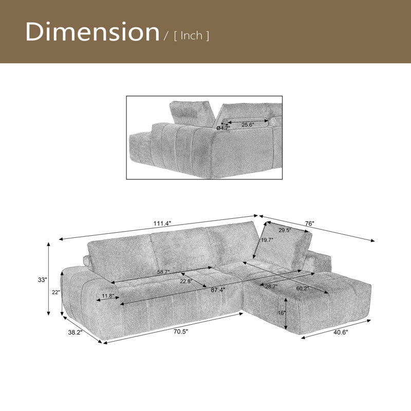 Canapé modulaire surdimensionné en forme de L surdimensionné, design minimaliste, canapé-lit confortable pour les salons, les appartements et les espaces de réception, aucun assemblage requis