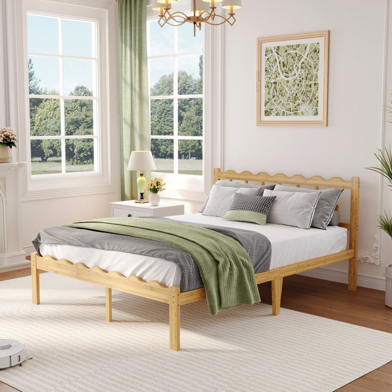 Base de lit plateforme en bois massif de bambou 12 po avec tête de lit ondulée, lattes en métal, aucun sommier requis, 12"