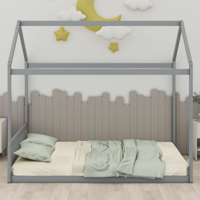 Lit en bois avec tête de lit, Gris, Grand lit