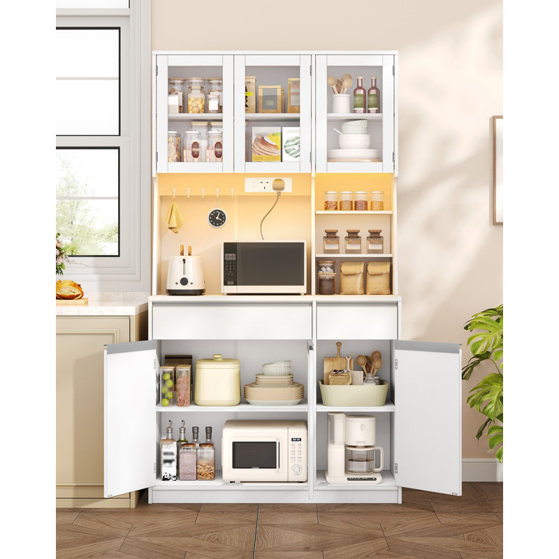 Kitchen Cupboard with LED & Power Outlet, Tall Kitchen Cabinet with Countertop & 2 Drawers, Sideboard Storage Cabinet, Adjustable Shelves, for Dining Room, 40 x 100 x 180 cm