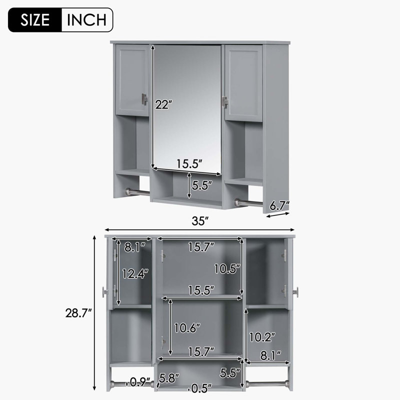 Armoire de rangement murale pour salle de bain 35 po x 28 po, armoire à pharmacie avec barre à serviettes, gris, Gris