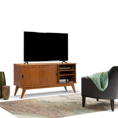 Draper 60"W Solid Wood Mid-Century Modern TV Stand for TVs up to 65" with 2 Sliding Doors and Adjustable Shelves