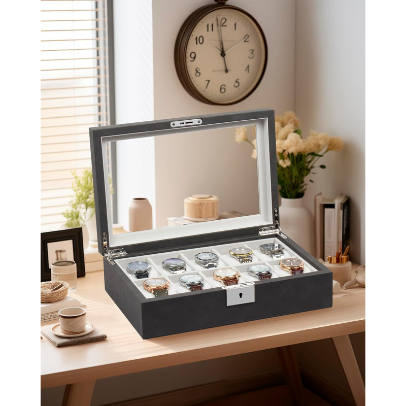 10-Slot Watch Box in Leather with Valet Drawer, Luxury Watch Case Display Organizer with Ultra Soft Microsuede Liner