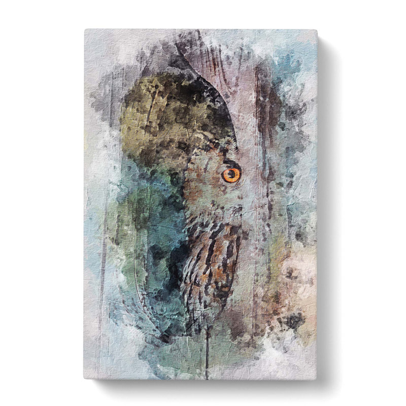 Peeping Great Horned Owl In Abstract - Wrapped Canvas, 60cm H x 40cm W x 3cm D