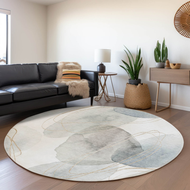 Premium Machine Washable Cerrito AMF544 Ivory Rug, Round 8'