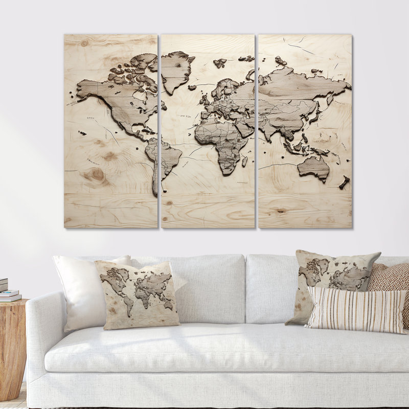 Rustic Route World Map - ensemble d'art sur toile carte du monde, Toile tendue, H 32 po x l 48 po x P 1 po