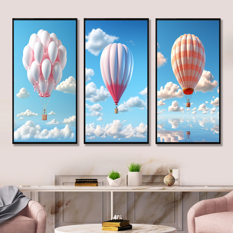 Ensemble de 3 décorations murales Skyhigh Balloon Whimsy - Montgolfière, H 40 po x l 60 po, Cadre flottant noir