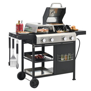 BUIORD 2+2 Multi-Function Burner Portable Propane Gas Grill And Griddle Combo 46,500 BTU Grill With Side Burner And Cabinet