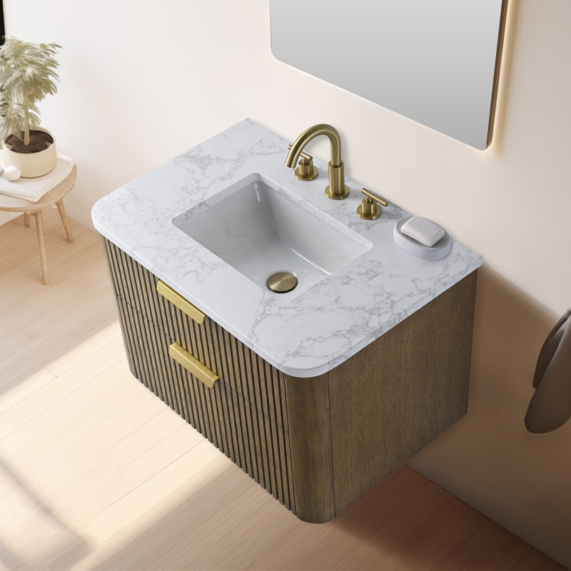 Ensemble de meuble-lavabo simple 30 po avec dessus en pierre reconstituée Liljan, Chêne vieilli / bronze brossé