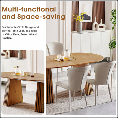 Wooden Dining Table, Flexible and Extendable, Multi-functional and Space-saving, Fashionable Oval Design with Slatted Legs, Perfect for Home or Office Use