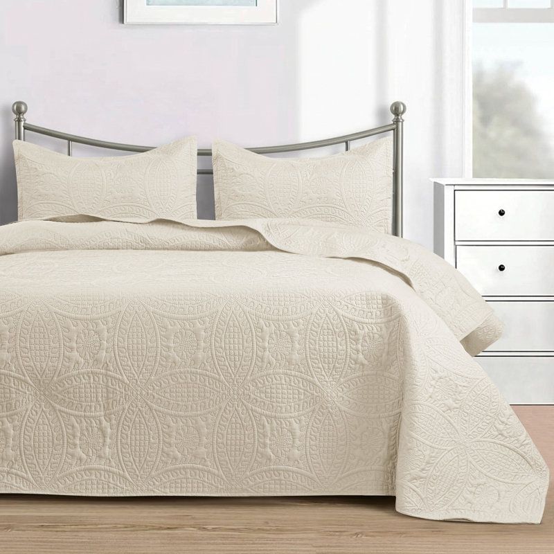 3 Piece Bedspread Set - Reversible Quilt Set - Lightweight Microfiber Coverlet for Queen King Twin, Cream