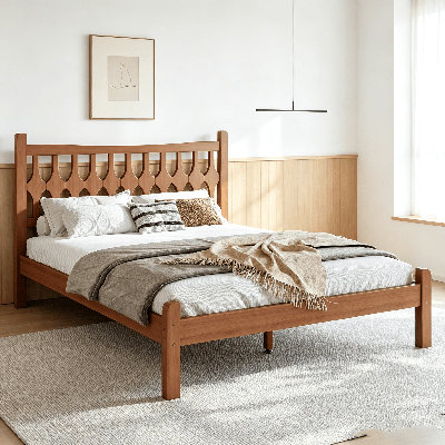 Bamboo Platform Bed Frame, Platform Bed with Diamond-shaped headboard, Solid Bamboo-made Bed Frame with Support Slats,  No Box Spring Needed, Heavy Duty Bamboo Bed Frame for Bedroom, Guest Room, Apartment
